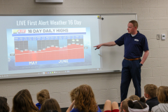 Man in front of a whiteboard explaining weather forecast to students.